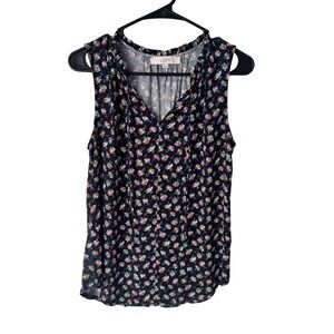 LOFT Womens Navy Blue Floral Ruffle V-Neck Sleeveless Blouse Top Small